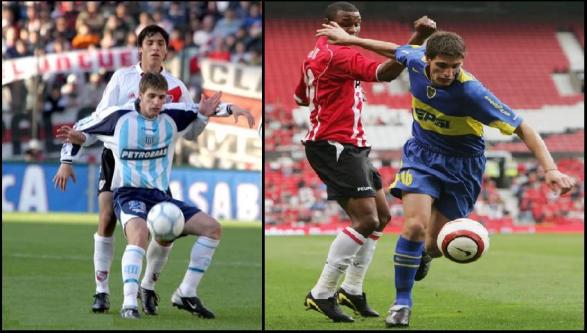 A la derecha, Marinelli con la de Boca, en la Vodafone Cup. A la izquierda, frente a River. Trivia: ¿Quién es el jugador que lo marca? La respuesta, cuando alguien lo acierte (?)